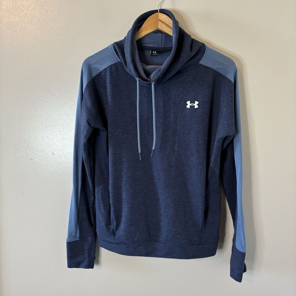 Under Armour Womens Funnel Neck Hoodie Blue Mesh Pullover Sz Medium